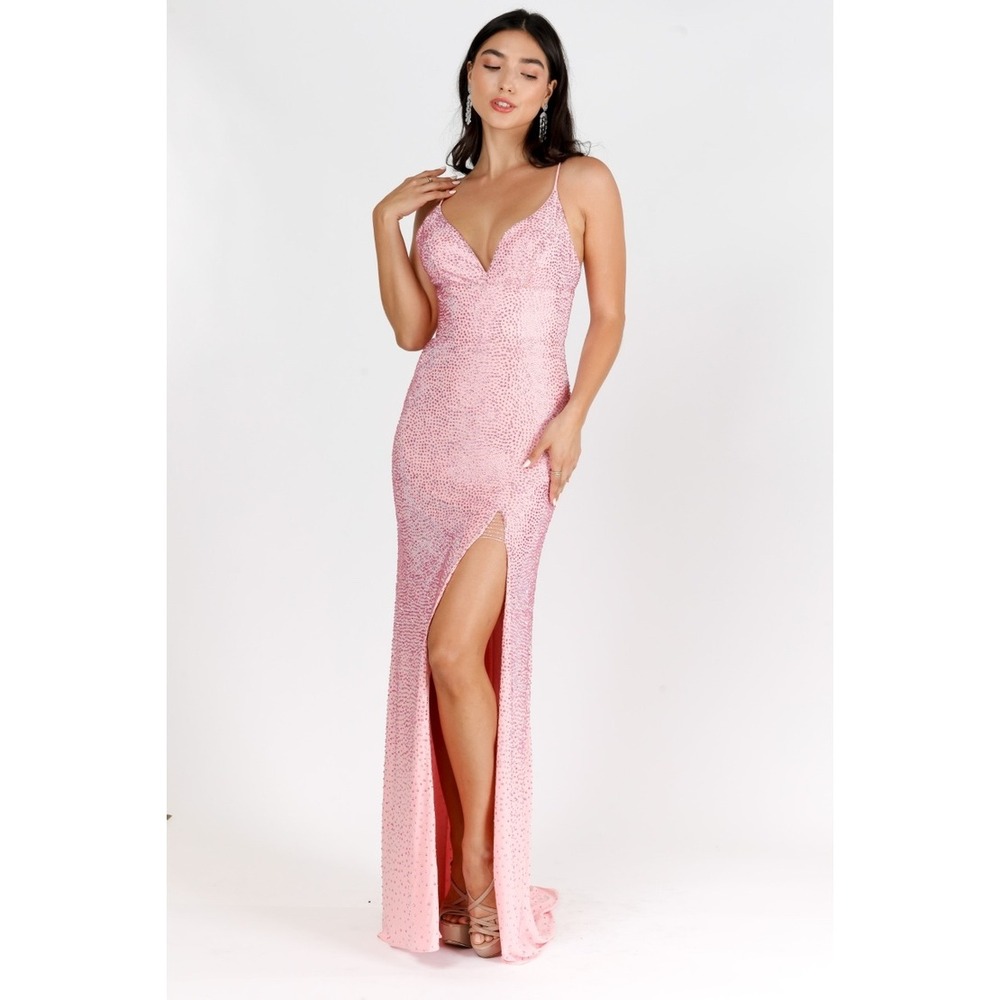Vienna Prom V-7940 Pink Rhinestone Slit Gown NWT Size‎ 6